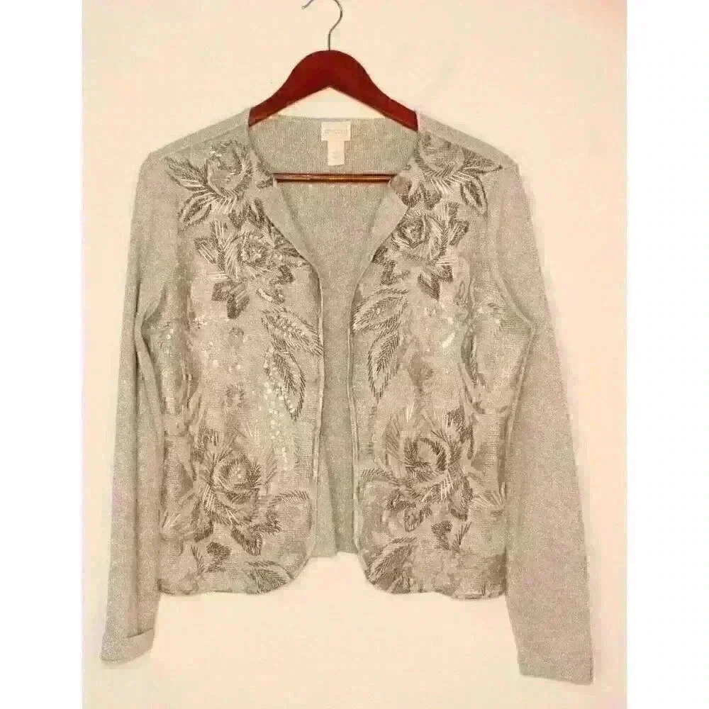 Chico's Gray Metalic Beaded Sequin Long Sleeve Woman's‎ Cartigan US Size 10